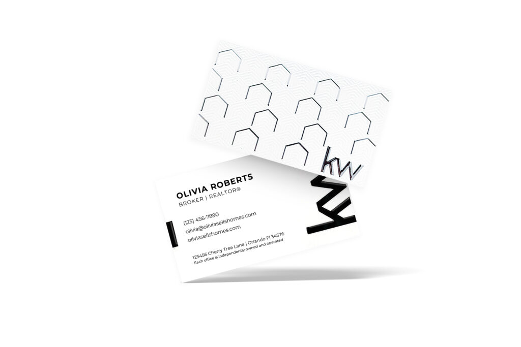 Horizontal White with Spot UV and Foil Back Pattern KW Luxury Business Card